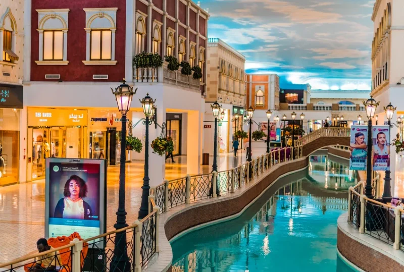 Villaggio Mall indoor canal and luxury shopping stores in Qatar