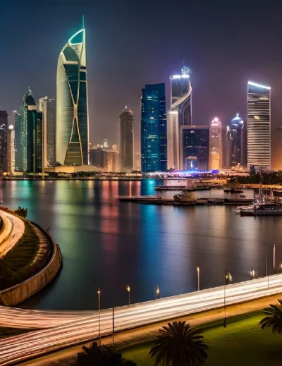 "A vibrant nighttime view of Qatar's skyscrapers reflecting on the waterfront, with light trails from passing cars and a serene marina."