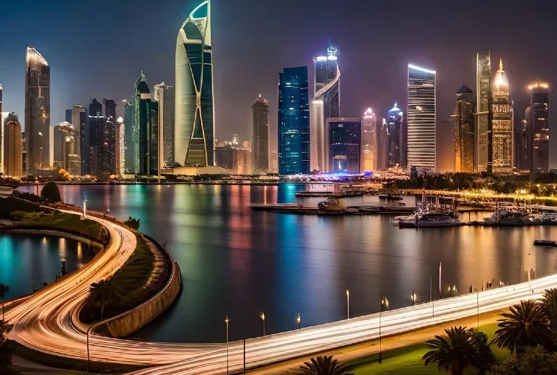 "A vibrant nighttime view of Qatar's skyscrapers reflecting on the waterfront, with light trails from passing cars and a serene marina."