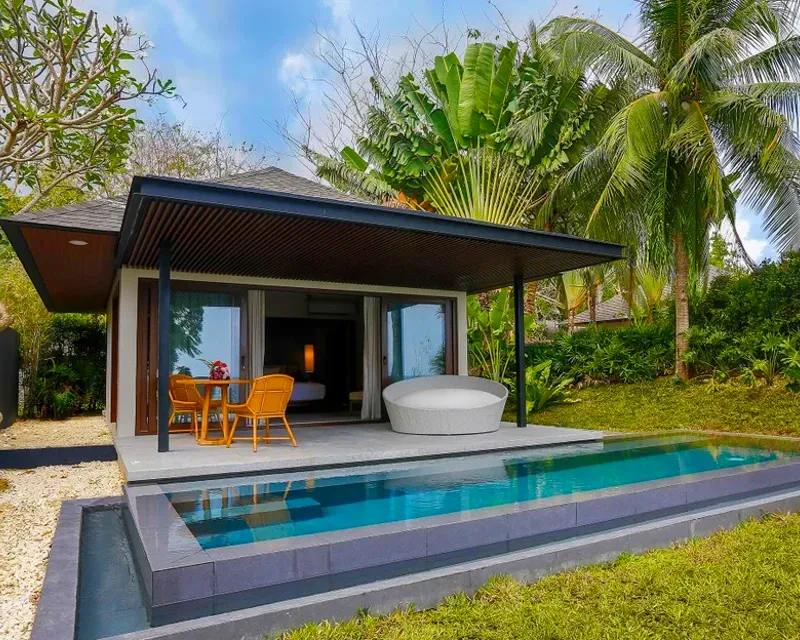 "Luxury private villa with a swimming pool surrounded by lush tropical greenery. Perfect for relaxation and comfort, offering the best type of accommodation when you travel."