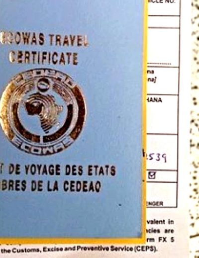 "ECOWAS Travel Certificate displayed against a customs document background, featuring the regional logo in gold."