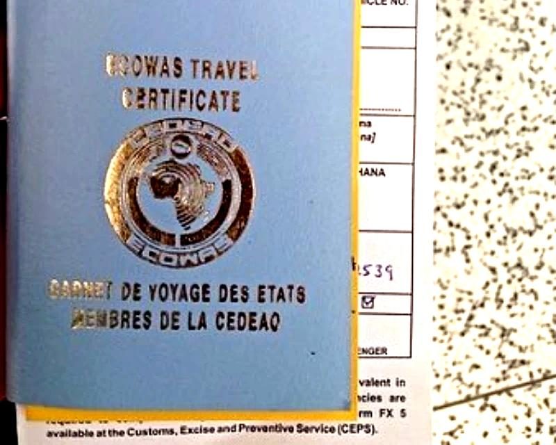 "ECOWAS Travel Certificate displayed against a customs document background, featuring the regional logo in gold."