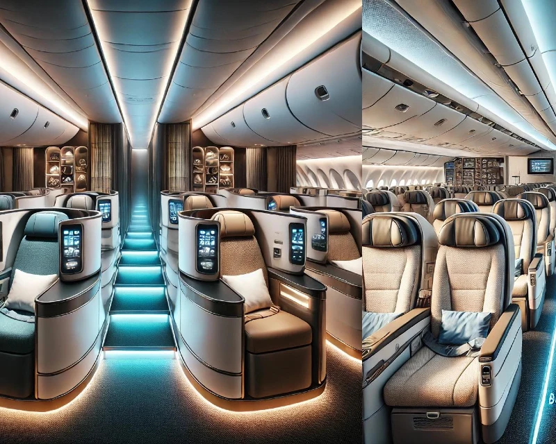 "Interior of a modern airplane featuring spacious and luxurious business class seating, designed for ultimate comfort and convenience. Discover the best flight class for your journey with Lery Hago Travels."