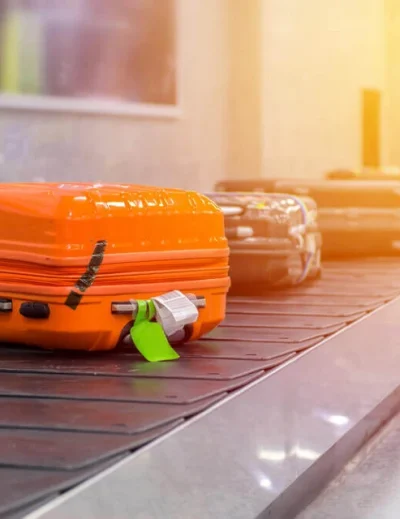 "Bright orange suitcase and other luggage on a conveyor belt at an airport, illustrating prohibited items you shouldn't pack for international travel."