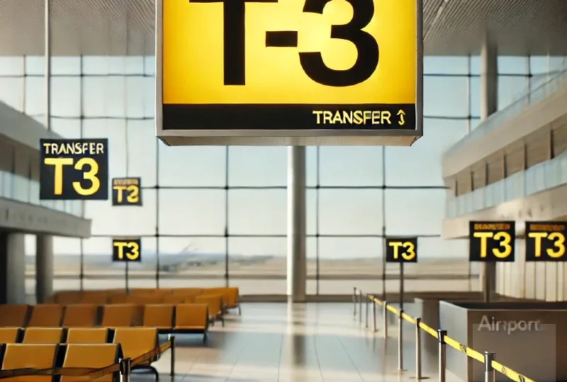 T3 transfer sign at a modern airport, providing guidance for travelers in transit. Airport transits: What Nigerian travelers need to know by Lery Hago Travels.