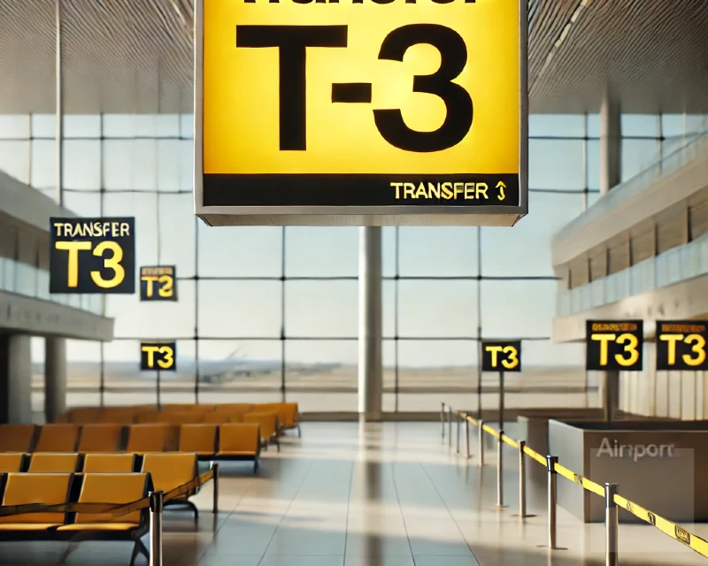 T3 transfer sign at a modern airport, providing guidance for travelers in transit. Airport transits: What Nigerian travelers need to know by Lery Hago Travels.