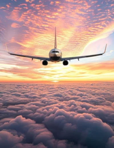 "An airplane flying above the clouds during a stunning sunset, symbolizing premium airline travel in 2024."