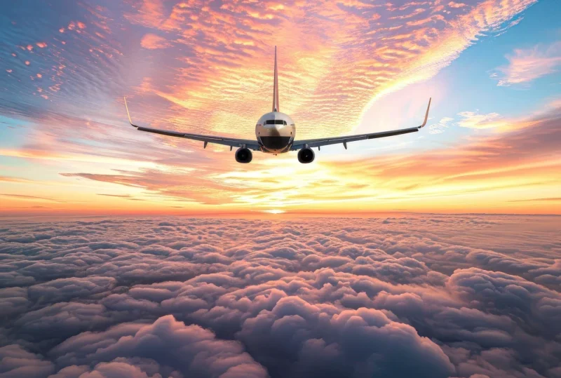 "An airplane flying above the clouds during a stunning sunset, symbolizing premium airline travel in 2024."