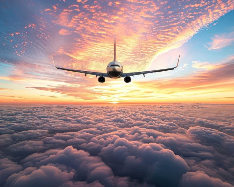 "An airplane flying above the clouds during a stunning sunset, symbolizing premium airline travel in 2024."