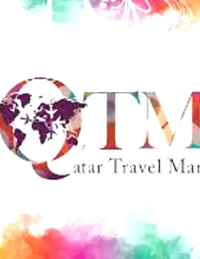 Logo of Qatar Travel Mart 2024 featuring a colorful world map and text highlighting global travel connections.