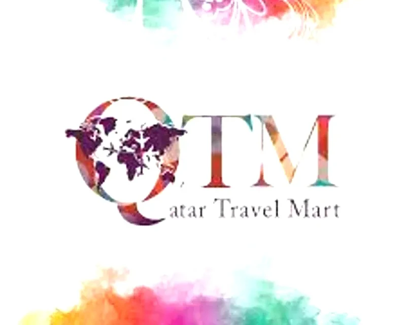 Logo of Qatar Travel Mart 2024 featuring a colorful world map and text highlighting global travel connections.