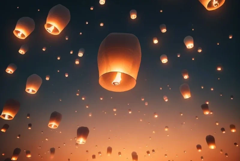 "Lanterns floating gracefully in the evening sky during a cultural festival, illuminated against a twilight backdrop."