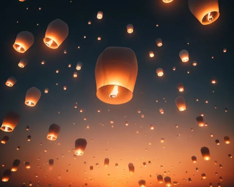 "Lanterns floating gracefully in the evening sky during a cultural festival, illuminated against a twilight backdrop."