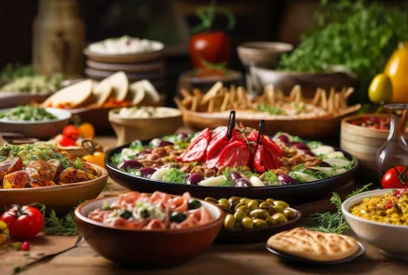 A vibrant Mediterranean buffet featuring colorful salads, olives, fresh vegetables, and traditional appetizers.