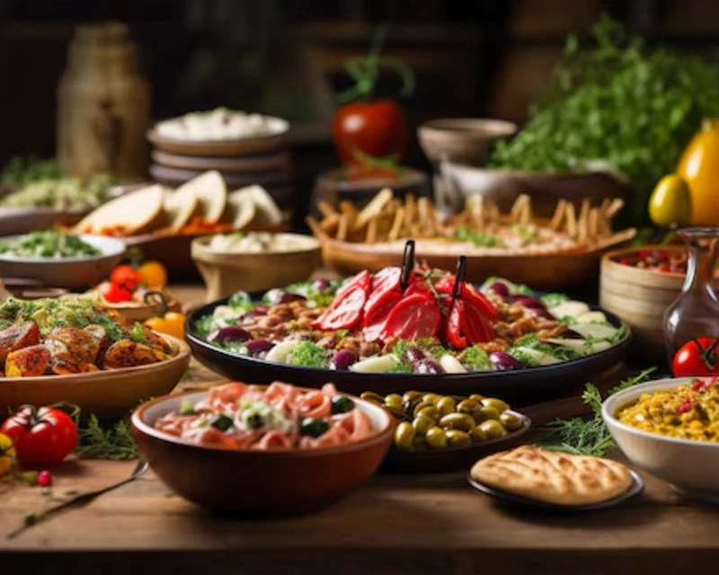 A vibrant Mediterranean buffet featuring colorful salads, olives, fresh vegetables, and traditional appetizers.