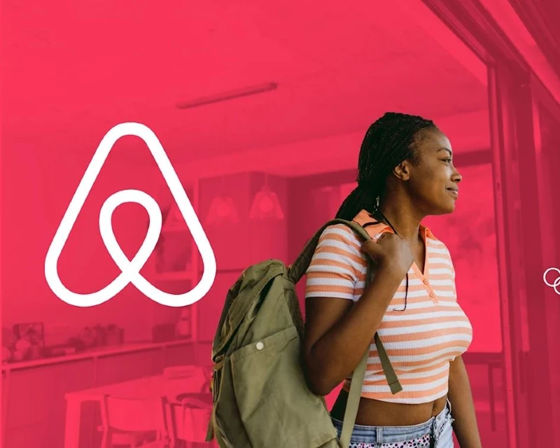 "A young woman with a backpack standing next to the Airbnb logo, symbolizing travel opportunities, including the 2025 travel grant to support elite athletes."