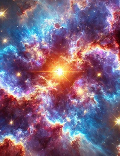 "A vivid cosmic explosion showcasing vibrant hues of blue, purple, and orange, representing celestial events around the world in 2025."