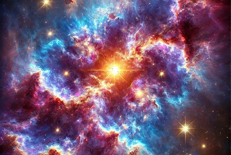 "A vivid cosmic explosion showcasing vibrant hues of blue, purple, and orange, representing celestial events around the world in 2025."