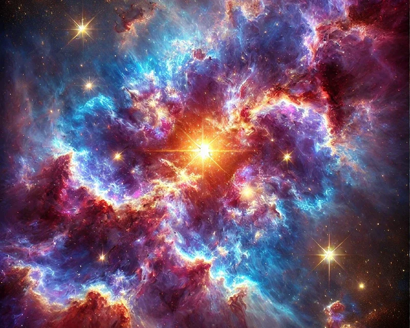 "A vivid cosmic explosion showcasing vibrant hues of blue, purple, and orange, representing celestial events around the world in 2025."