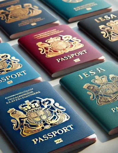 "A collection of vibrant passports with gold crests, representing options for dual citizenship and second passports, highlighting Lery Hago's global travel services."