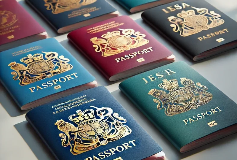 "A collection of vibrant passports with gold crests, representing options for dual citizenship and second passports, highlighting Lery Hago's global travel services."