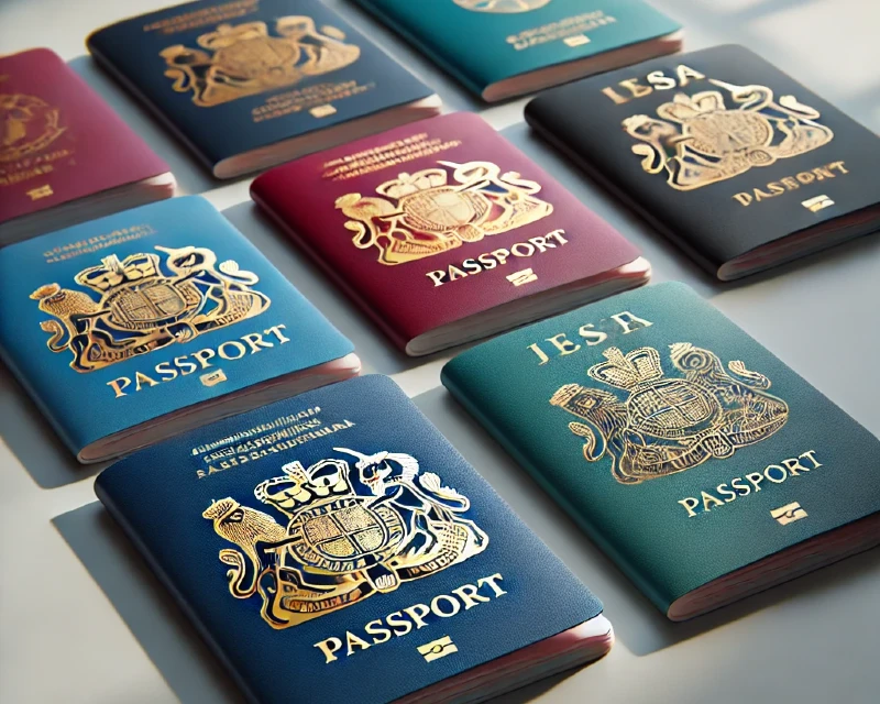 "A collection of vibrant passports with gold crests, representing options for dual citizenship and second passports, highlighting Lery Hago's global travel services."