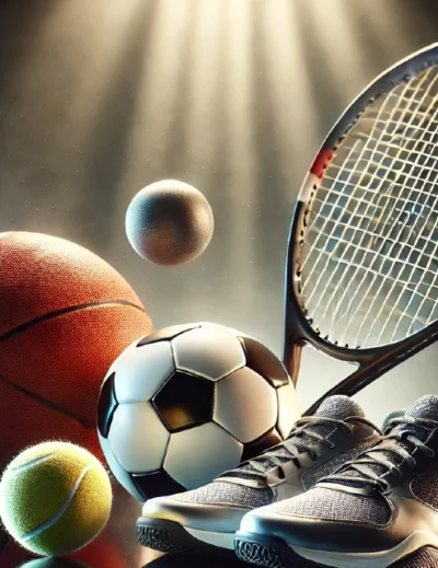 "A collection of sports equipment, including a tennis racket, basketball, soccer ball, tennis ball, and running shoes, under a spotlight."