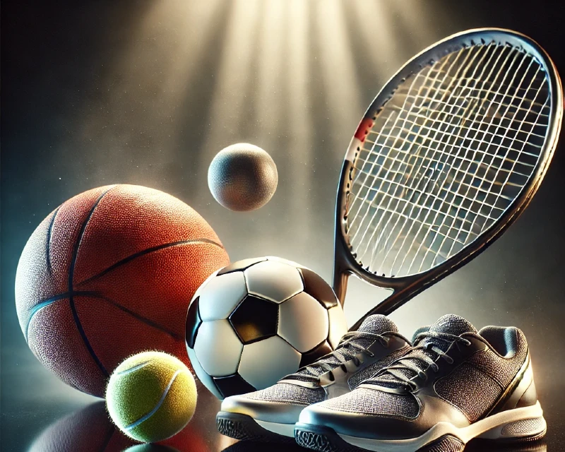 "A collection of sports equipment, including a tennis racket, basketball, soccer ball, tennis ball, and running shoes, under a spotlight."