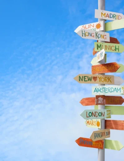 "A colorful signpost with travel directions to destinations like Madrid, New York, and Bangkok, symbolizing New Year travel resolutions with Lery Hago Travels."