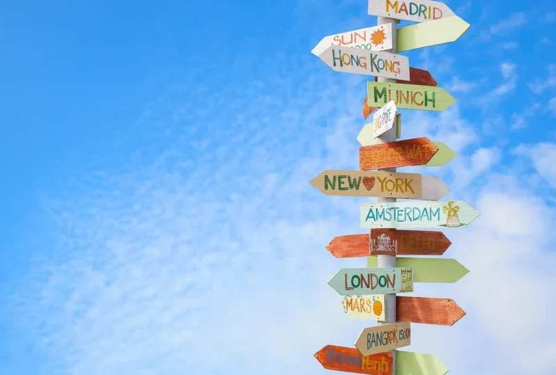 "A colorful signpost with travel directions to destinations like Madrid, New York, and Bangkok, symbolizing New Year travel resolutions with Lery Hago Travels."