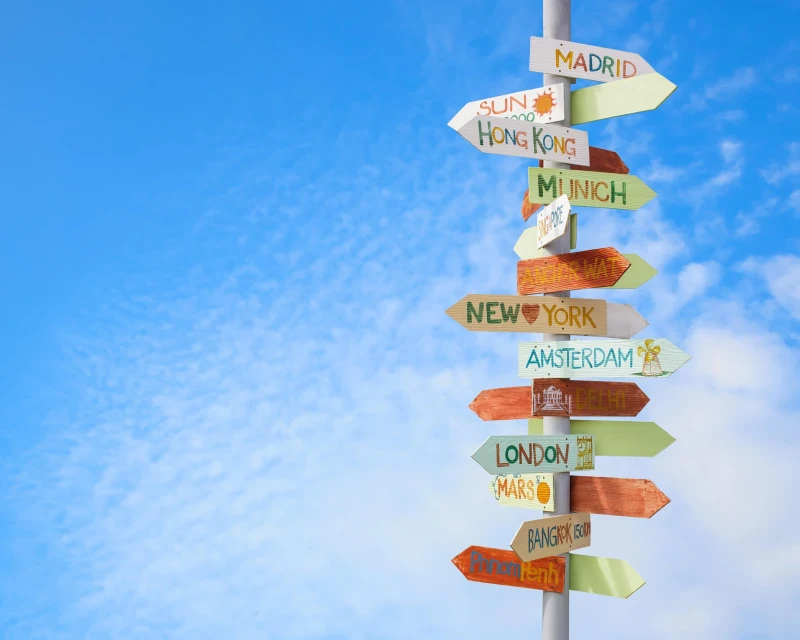 "A colorful signpost with travel directions to destinations like Madrid, New York, and Bangkok, symbolizing New Year travel resolutions with Lery Hago Travels."