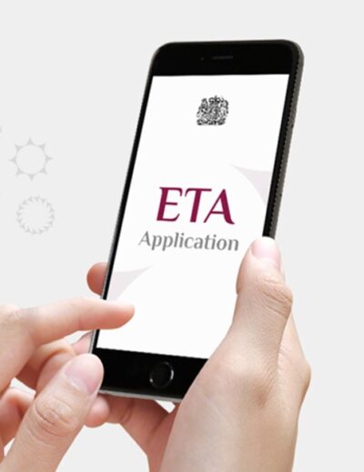 "A hand holding a smartphone displaying the Electronic Travel Authorization (ETA) application interface, presented by Lery Hago Travels."