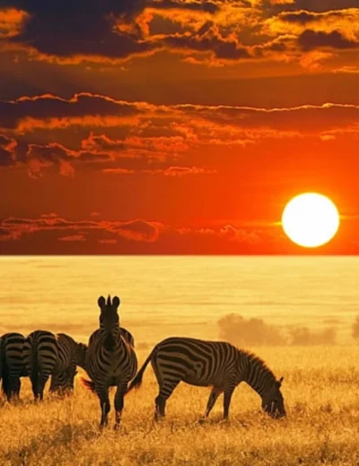 "A vibrant sunset over the Kenyan savannah with zebras grazing in the golden grassland, highlighting Kenya's adventure tourism appeal."