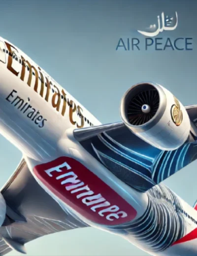 An Emirates aircraft soaring through the sky, symbolizing the strategic partnership between Emirates and Air Peace. The agreement marks a significant milestone in aviation connectivity.