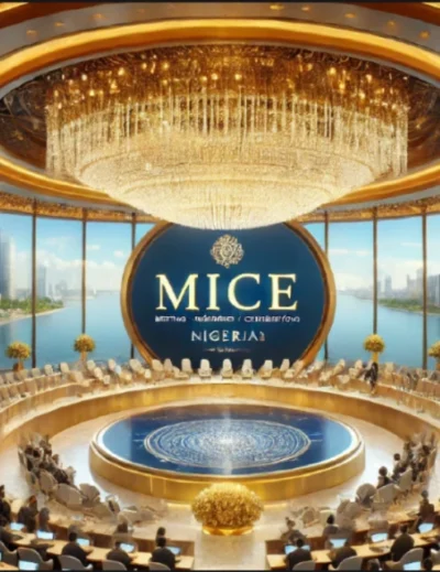 A grand conference hall with an opulent chandelier, elegant circular seating, and a waterfront skyline view, showcasing a premium MICE tourism destination for Nigerian event organizers.