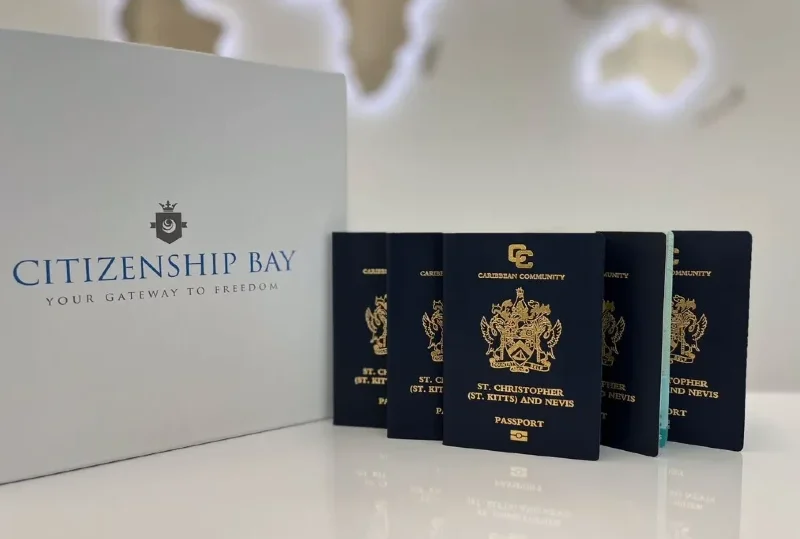 A row of St. Kitts and Nevis passports placed beside a Citizenship Bay box, promoting the Caribbean citizenship by investment program.