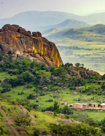 "A scenic view of the green granite hills and rural landscape in Eswatini, Southern Africa"