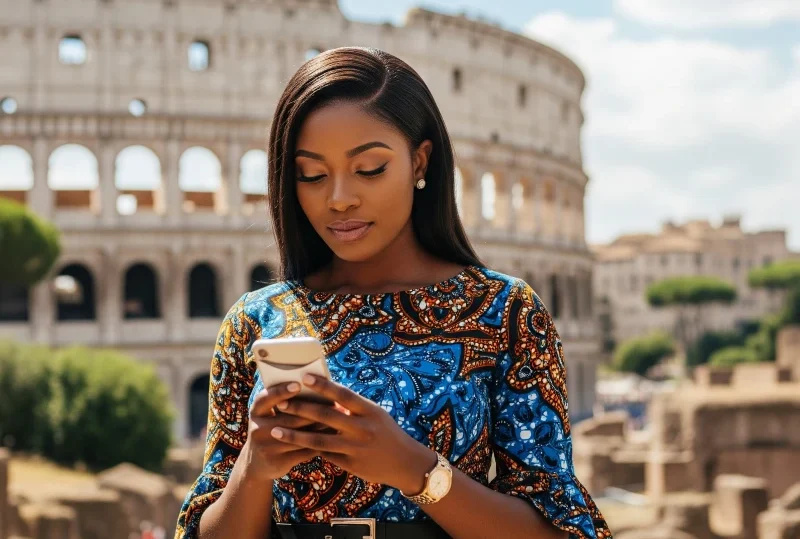 Affluent Nigerian woman in a vibrant Ankara dress uses her smartphone effortlessly in front of the Roman Colosseum
