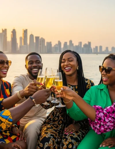 A group of six stylish Nigerian adults laughing and cheering with champagne glasses on a luxury yacht at sunset, with the modern Doha skyline in the background. This image represents the exciting December travel packages to Qatar for Nigerians.