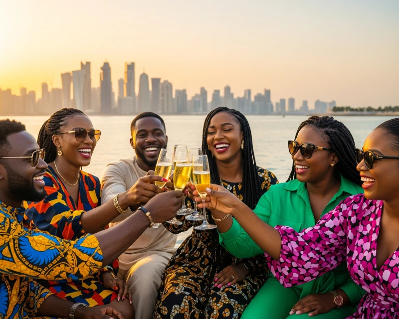 A group of six stylish Nigerian adults laughing and cheering with champagne glasses on a luxury yacht at sunset, with the modern Doha skyline in the background. This image represents the exciting December travel packages to Qatar for Nigerians.