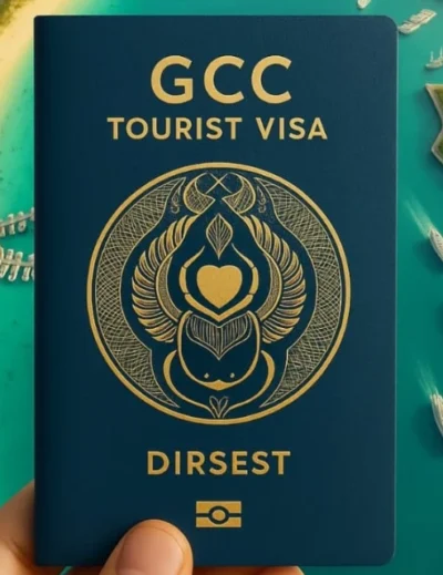 A hand holding a blue GCC Tourist Visa passport above a scenic marina and beach landscape in the Gulf region