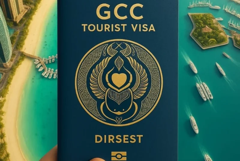 A hand holding a blue GCC Tourist Visa passport above a scenic marina and beach landscape in the Gulf region