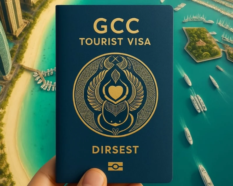 A hand holding a blue GCC Tourist Visa passport above a scenic marina and beach landscape in the Gulf region