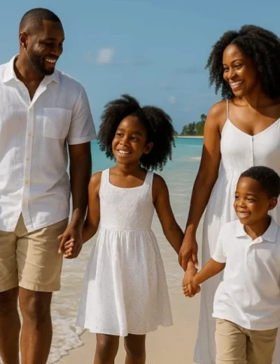 A happy Nigerian family enjoying a luxurious beach vacation in a tropical destination, representing visa-free countries for Nigerian families that want a premium experience with Leryhago.