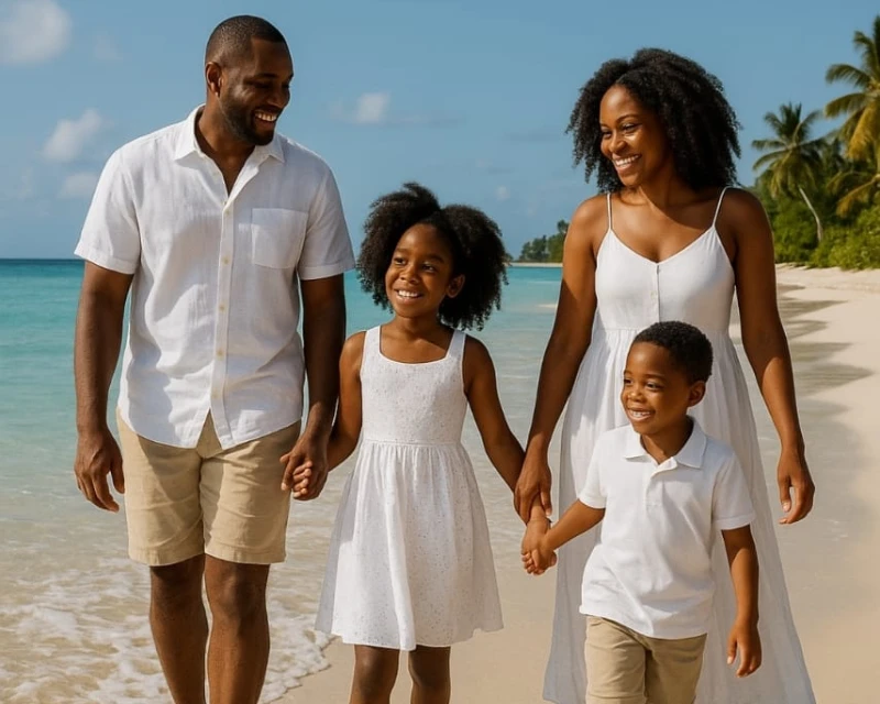 A happy Nigerian family enjoying a luxurious beach vacation in a tropical destination, representing visa-free countries for Nigerian families that want a premium experience with Leryhago.
