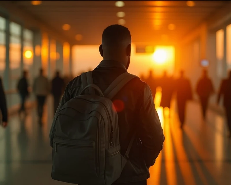A young Black man with a backpack walks through an airport terminal at sunrise, ready for international travel.