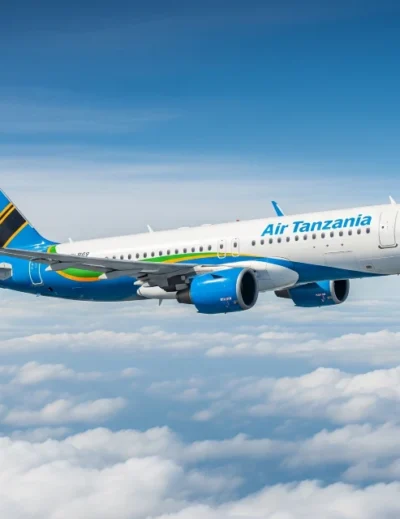 Air Tanzania airplane in flight above clouds, representing the new direct flights from Nigeria to Tanzania (Lagos to Dar es Salaam).