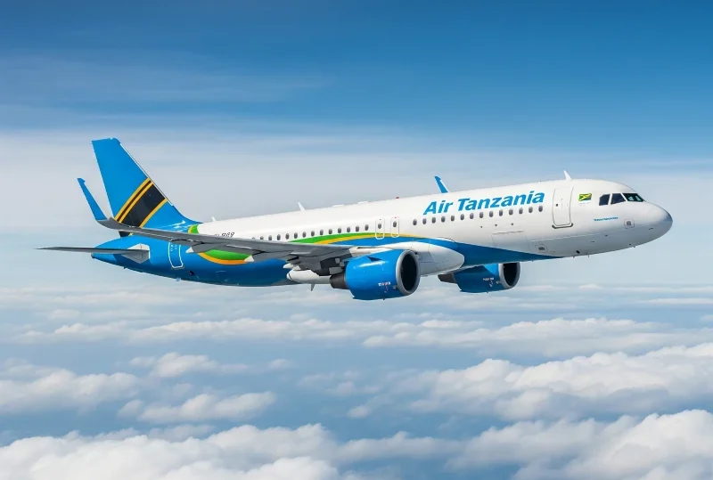 Air Tanzania airplane in flight above clouds, representing the new direct flights from Nigeria to Tanzania (Lagos to Dar es Salaam).