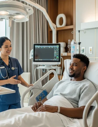 An image of a smiling patient receiving care in a modern hospital abroad, assisted by a nurse, representing a positive medical treatment abroad.