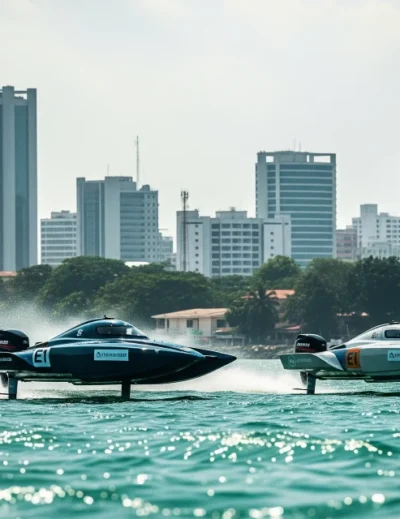 Images of Sleek E1 electric hydrofoil boats racing on the water in Lagos, Nigeria, with the city skyline in the background.